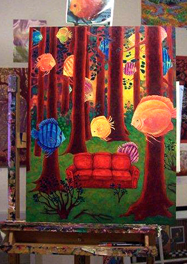 Susan Bolen painting - The Red Couch - in progress